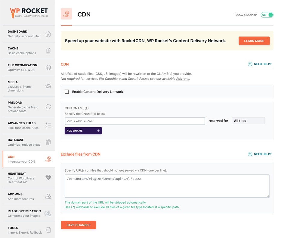 WP Rocket for Elementor CDN settings